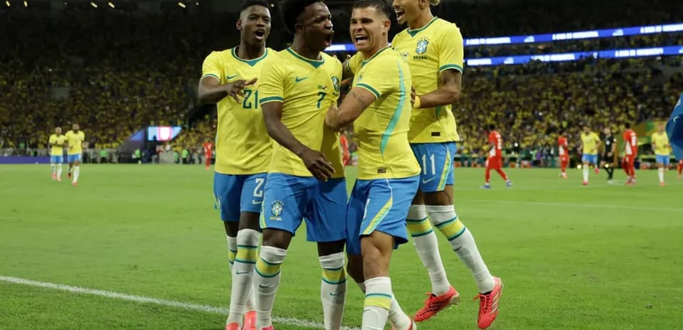 Brazil players celebrating a goal during match