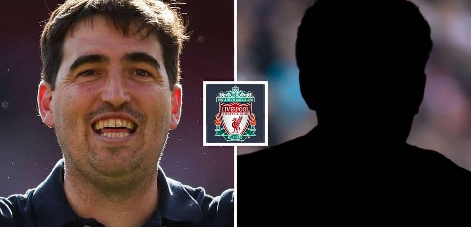 Smiling coach beside Liverpool FC logo and silhouette