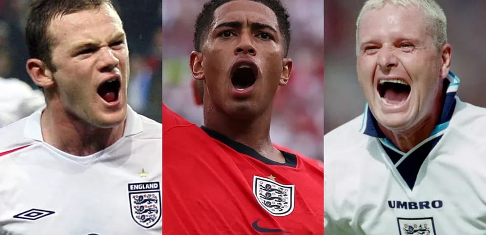 Three England football players celebrating with shouts