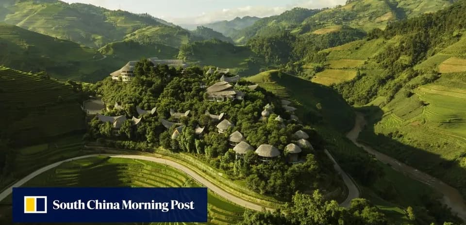 Aerial view of terraced fields and hillside village