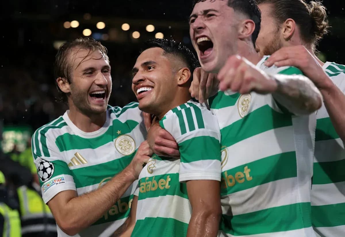 Celtic players celebrating a goal together