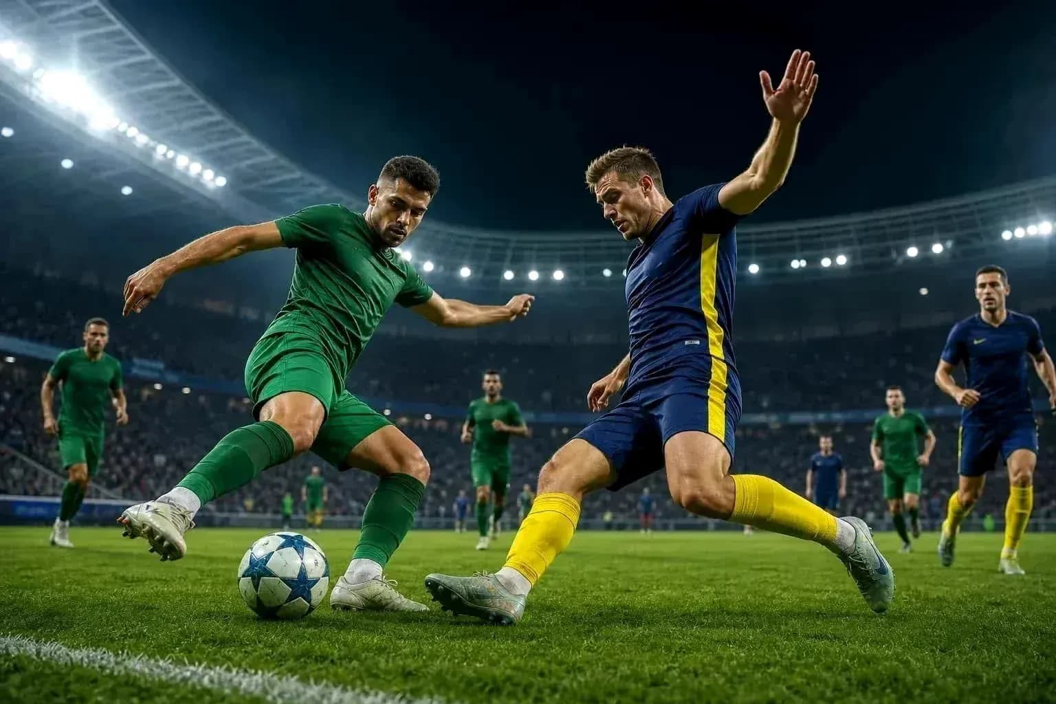 Players competing for the ball in Champions League match