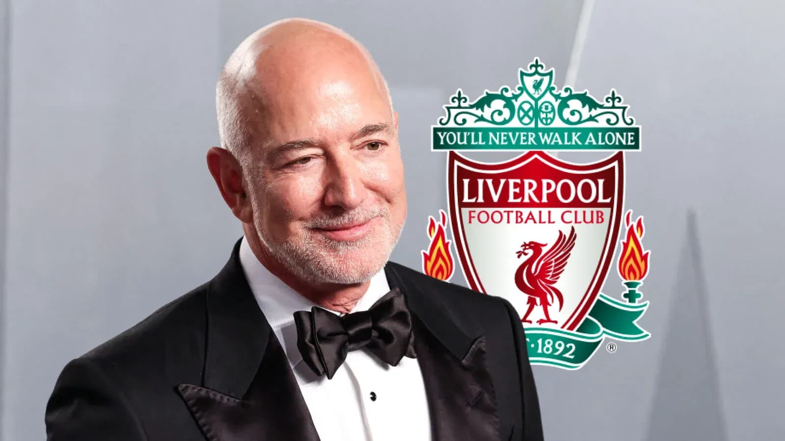 Man in tuxedo with Liverpool FC logo background