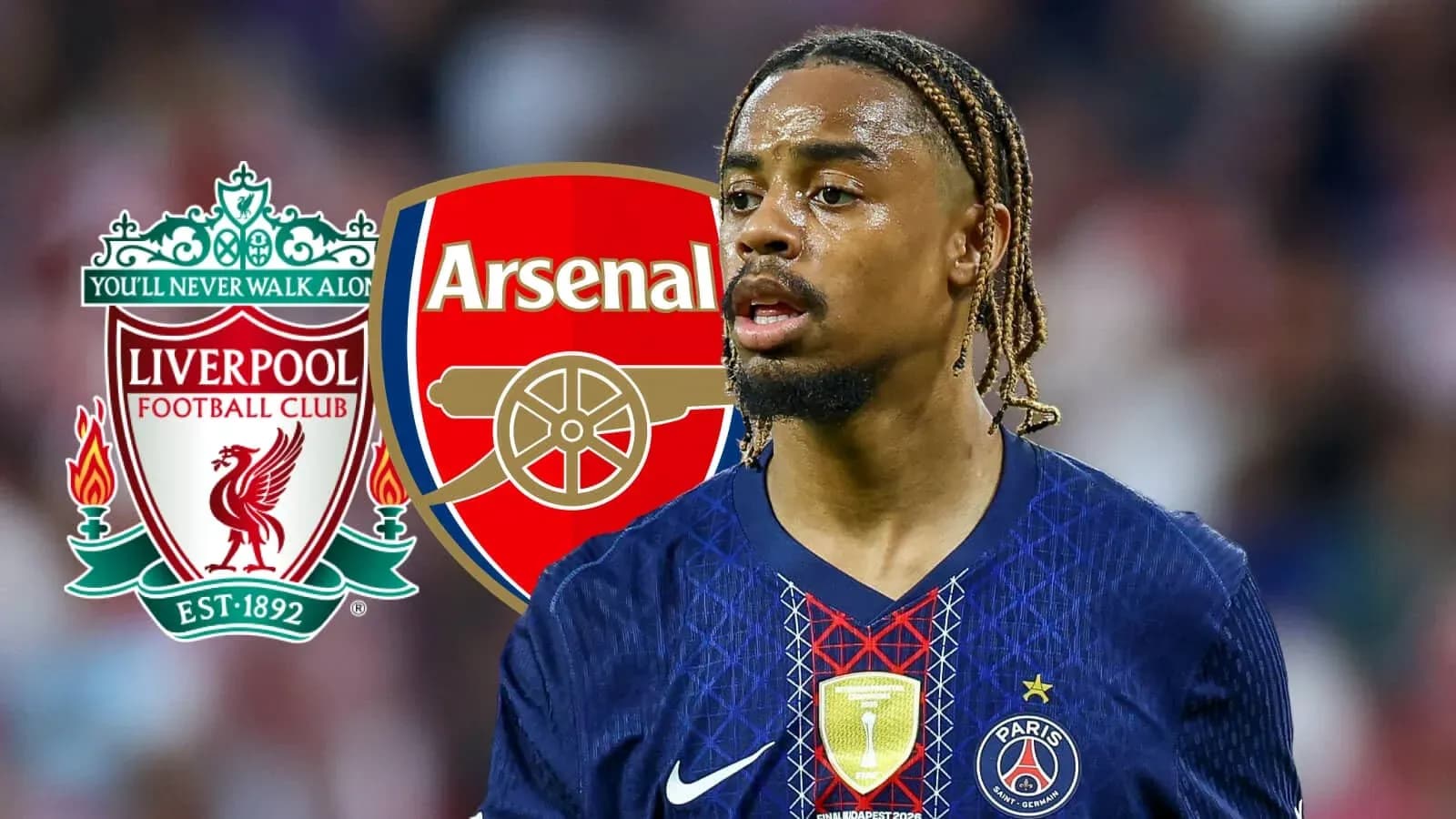 Player in PSG kit with Liverpool and Arsenal logos