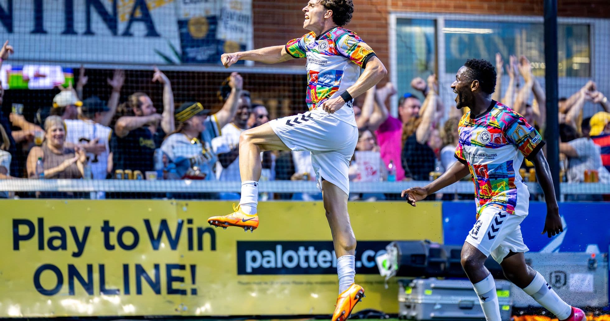 Player celebrating a goal during USL Championship match