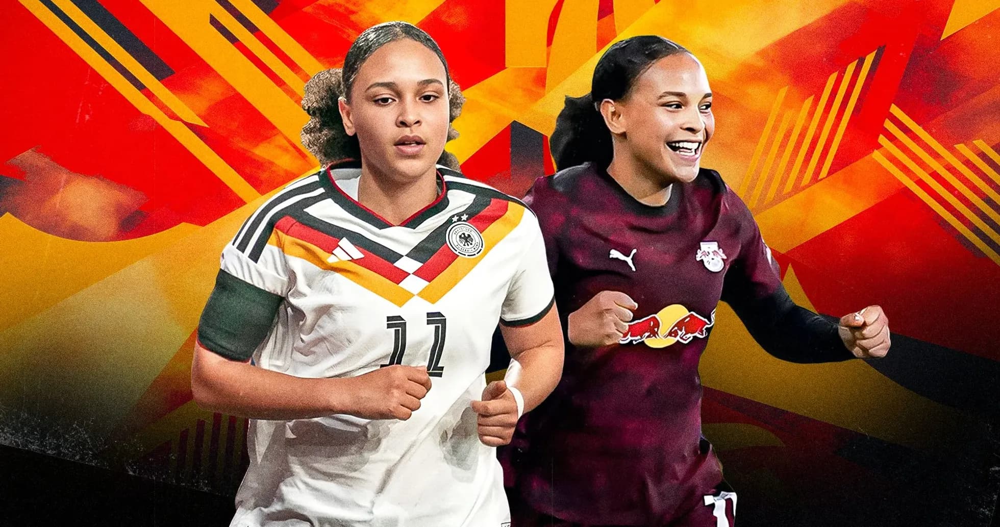 Two female football players in action poses