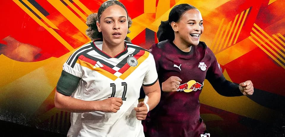 Two female football players in action poses