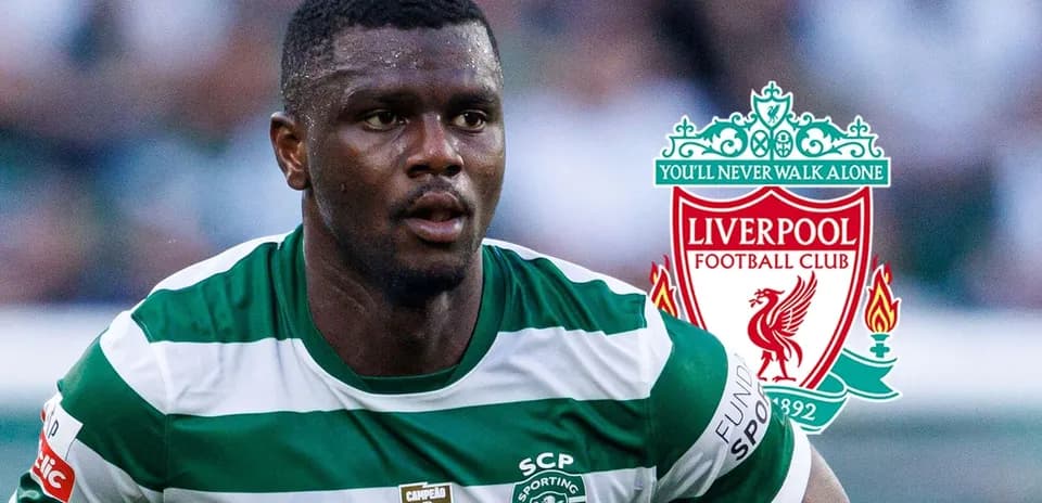 Player in Sporting CP kit with Liverpool logo background