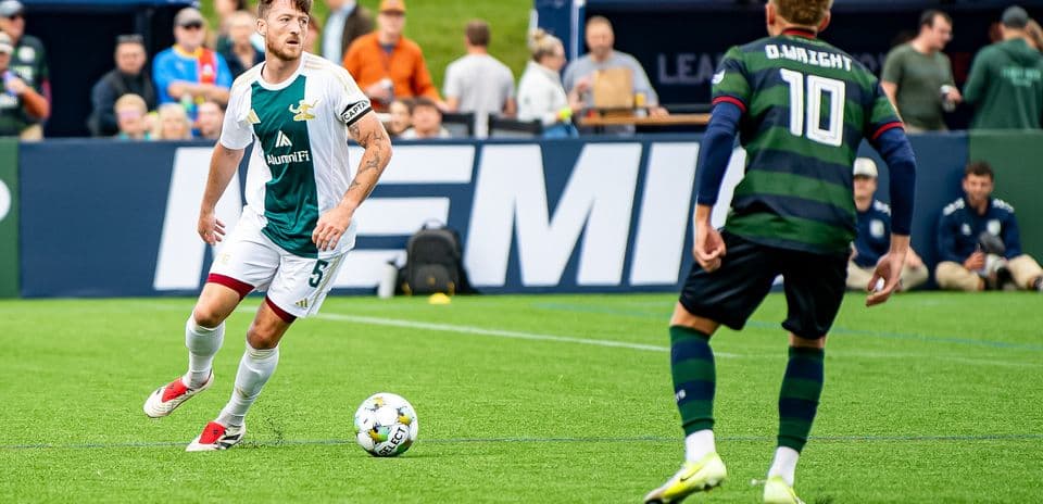 Detroit City player dribbling the ball during match
