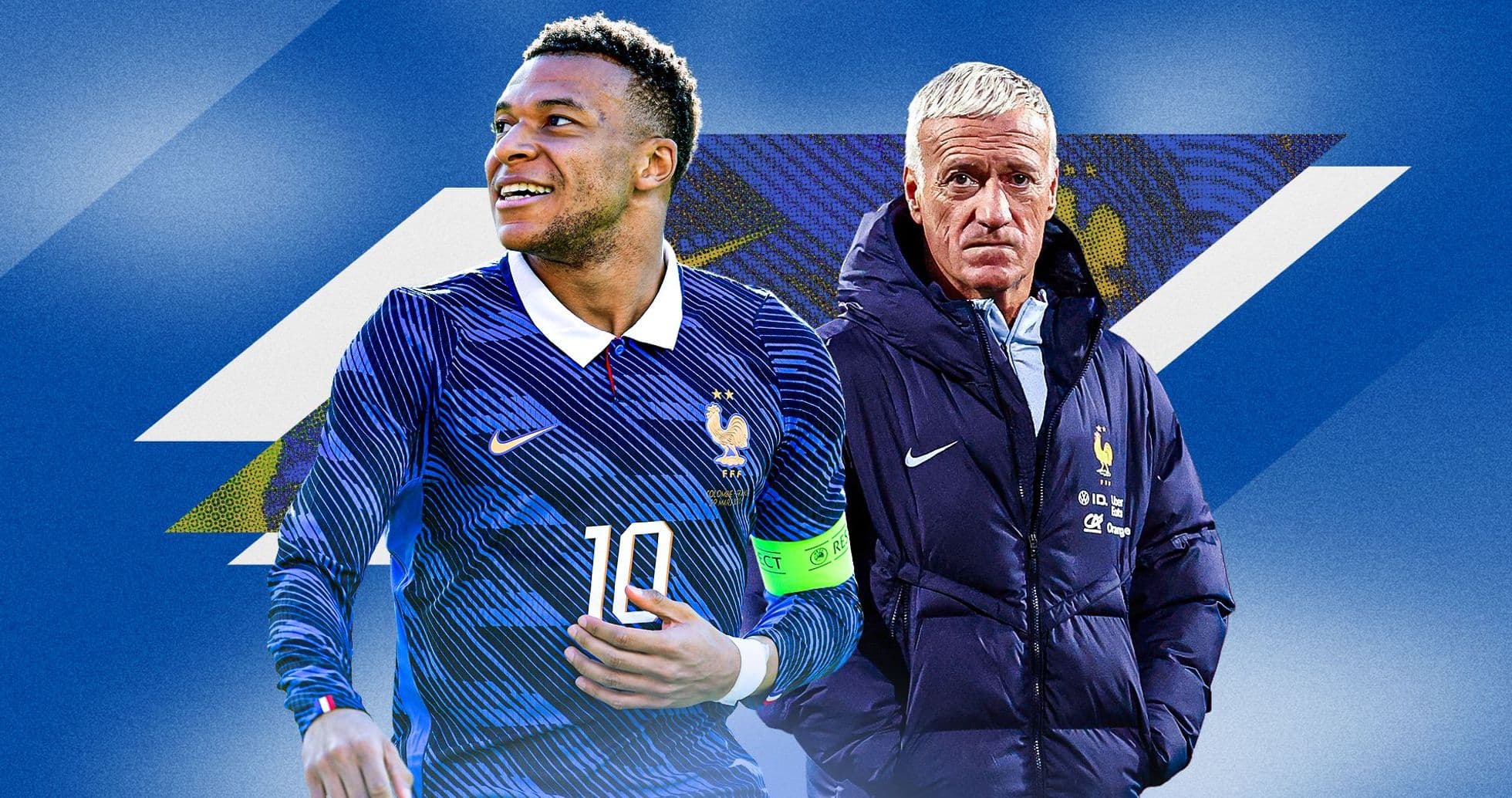 Kylian Mbappé and Didier Deschamps in team jerseys