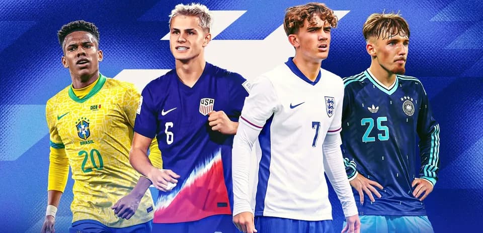 Four young football players in national jerseys