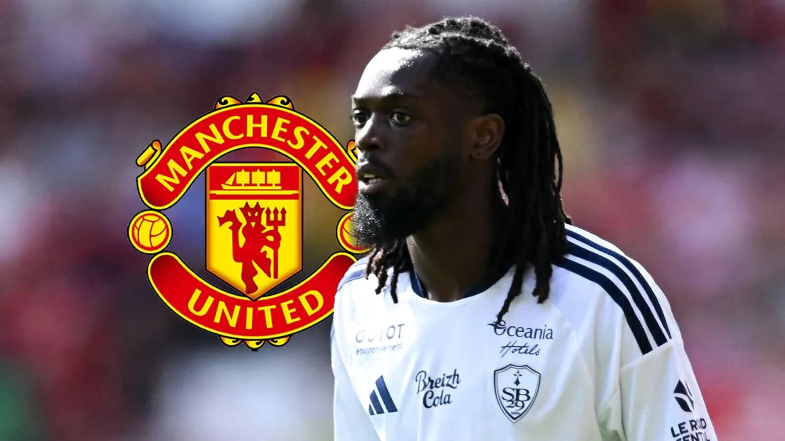 Player in jersey with Manchester United logo background