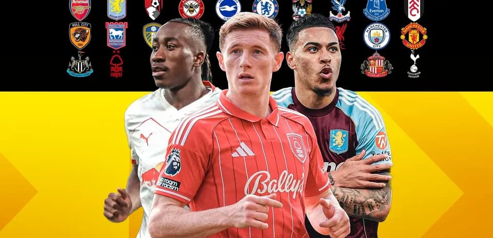 Three football players in front of club logos