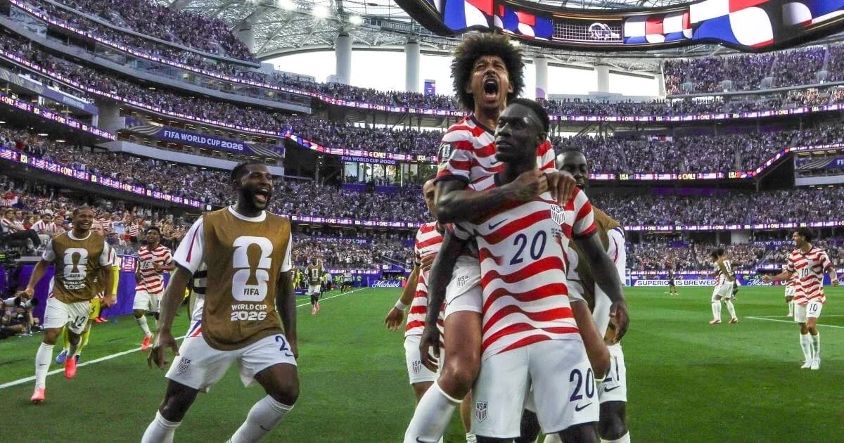 US players celebrating a goal during World Cup match