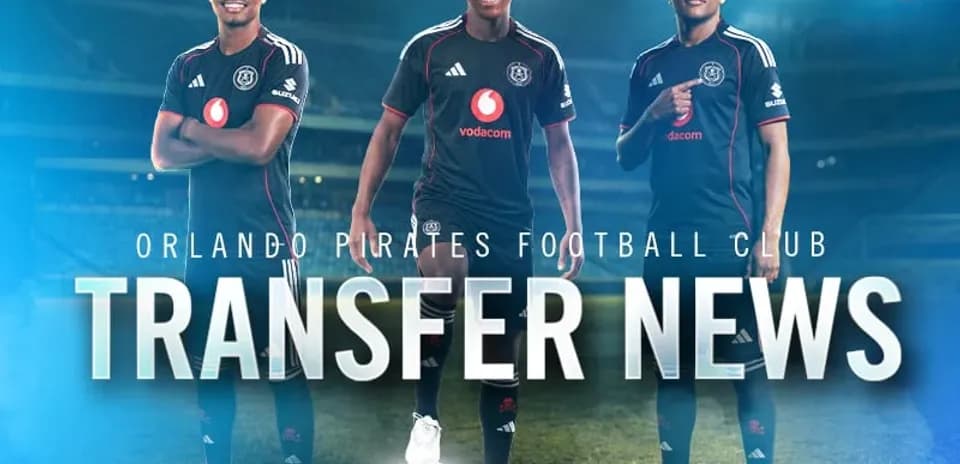 Three Orlando Pirates players posing for transfer announcement
