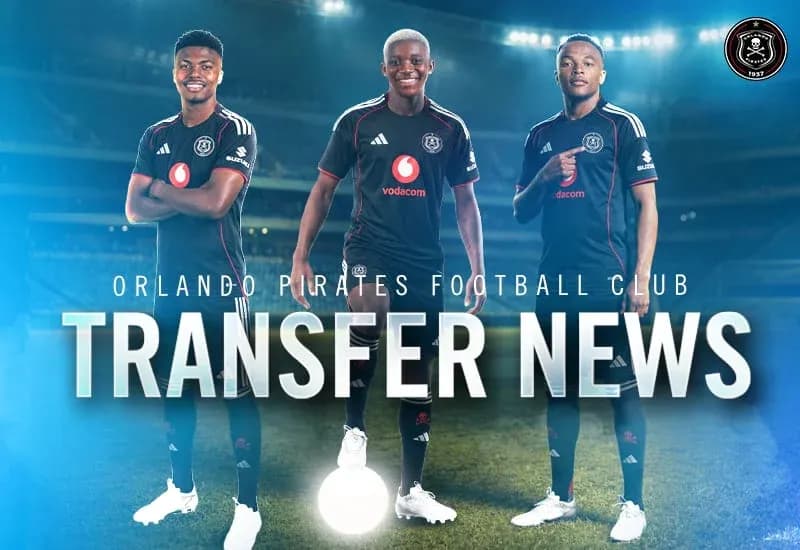 Three Orlando Pirates players posing for transfer announcement