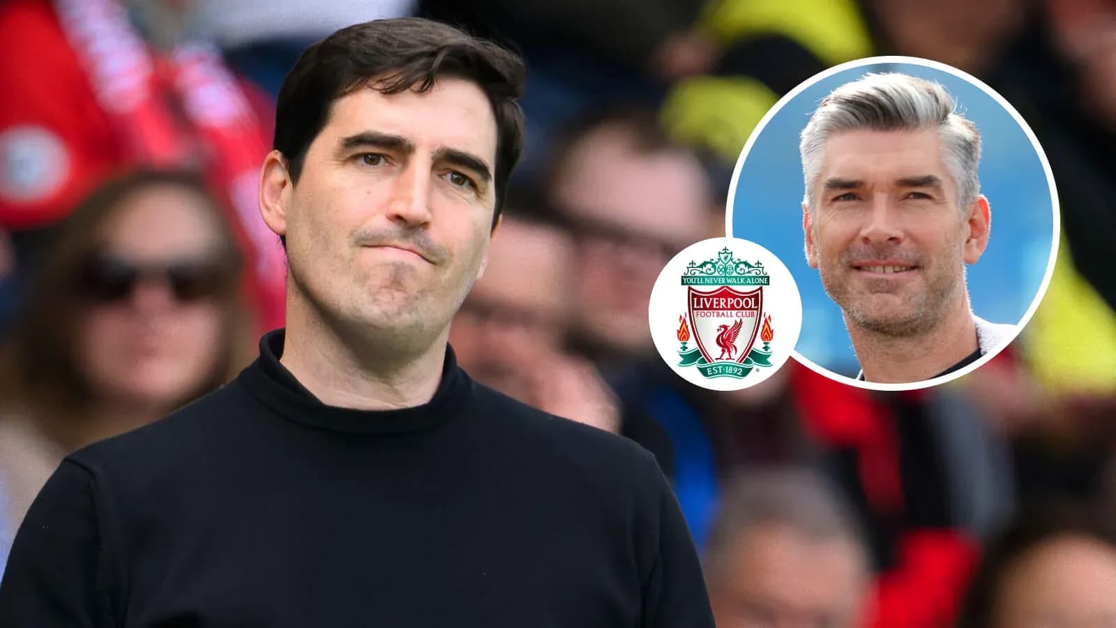 Coach observing match with Liverpool logo in corner