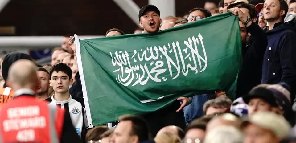 Fan holding Saudi Arabian flag in the crowd