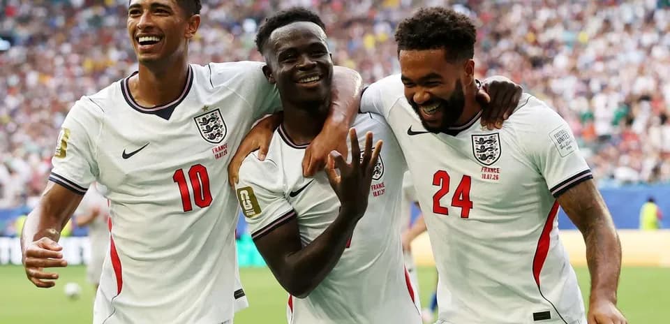 England players celebrating a goal in World Cup match
