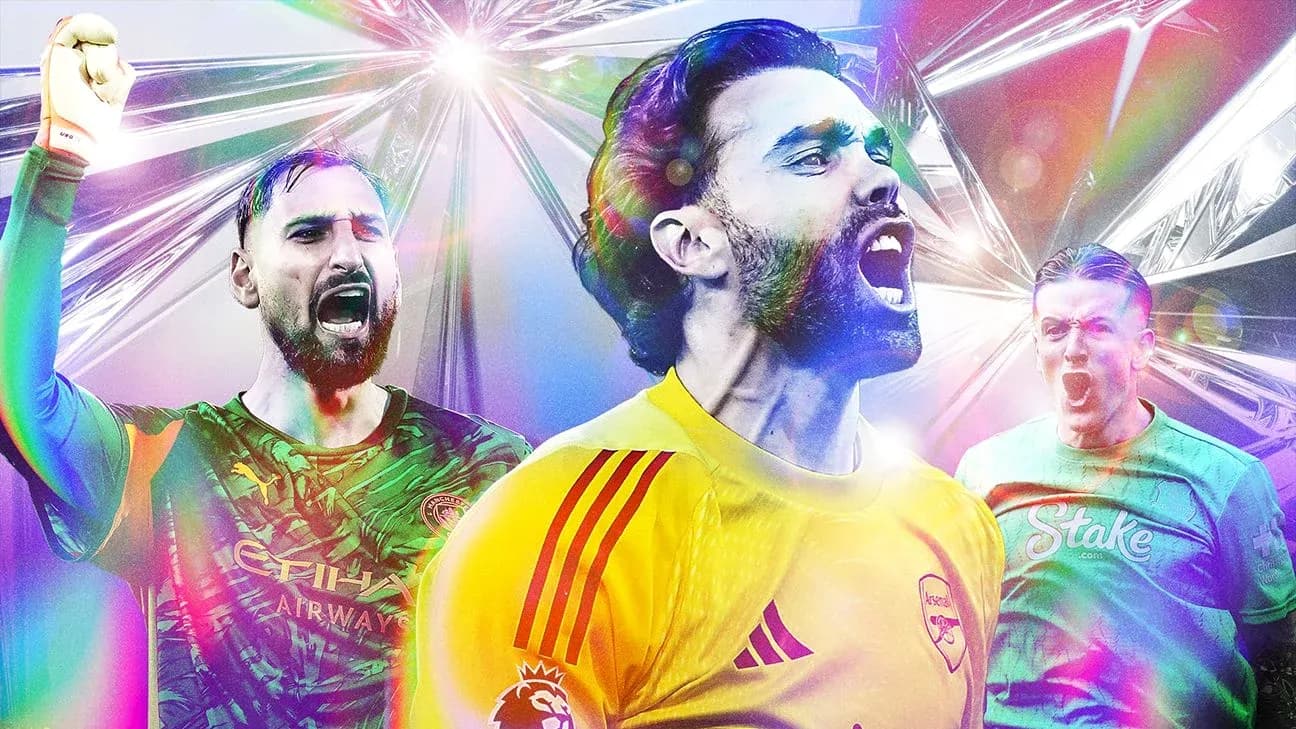 Three goalkeepers celebrating with raised arms