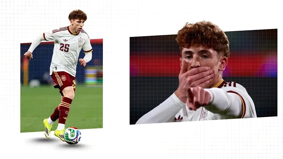 Player in Spain kit dribbling and celebrating goal