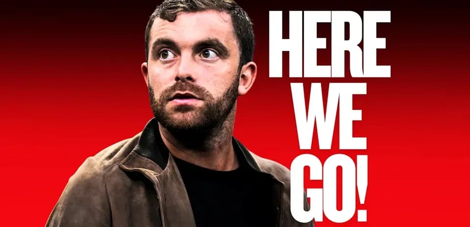 Person looking away with text 'HERE WE GO!'