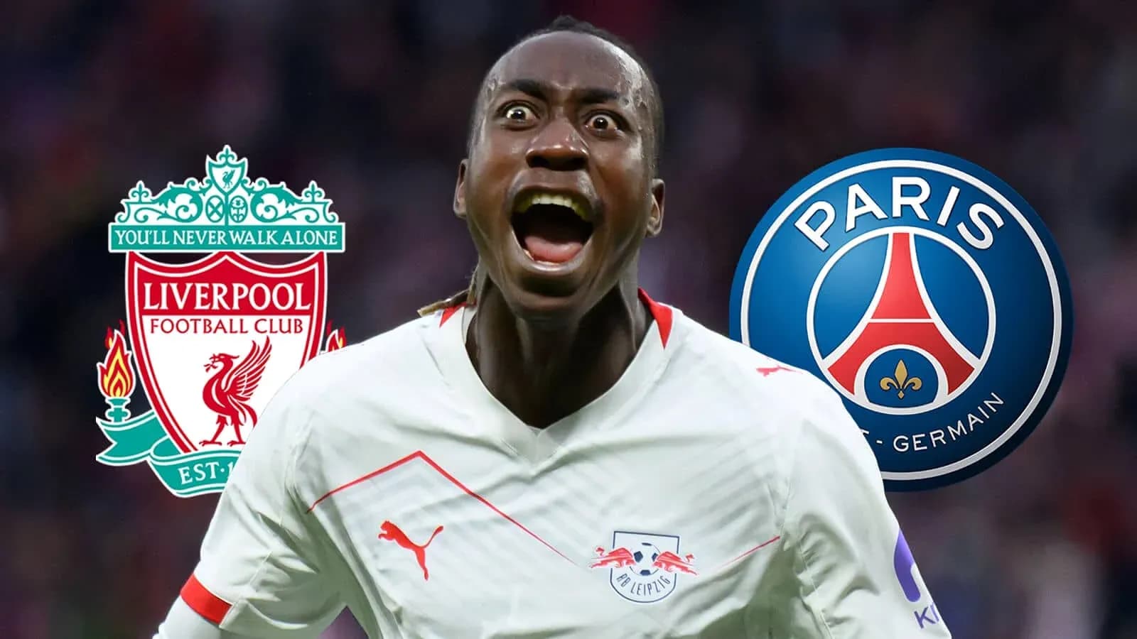 Player celebrating in front of Liverpool and PSG logos Player celebrating in front of Liverpool and PSG logos