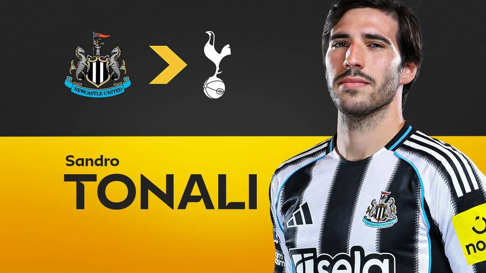 Sandro Tonali in Newcastle United jersey with club logos Sandro Tonali in Newcastle United jersey with club logos