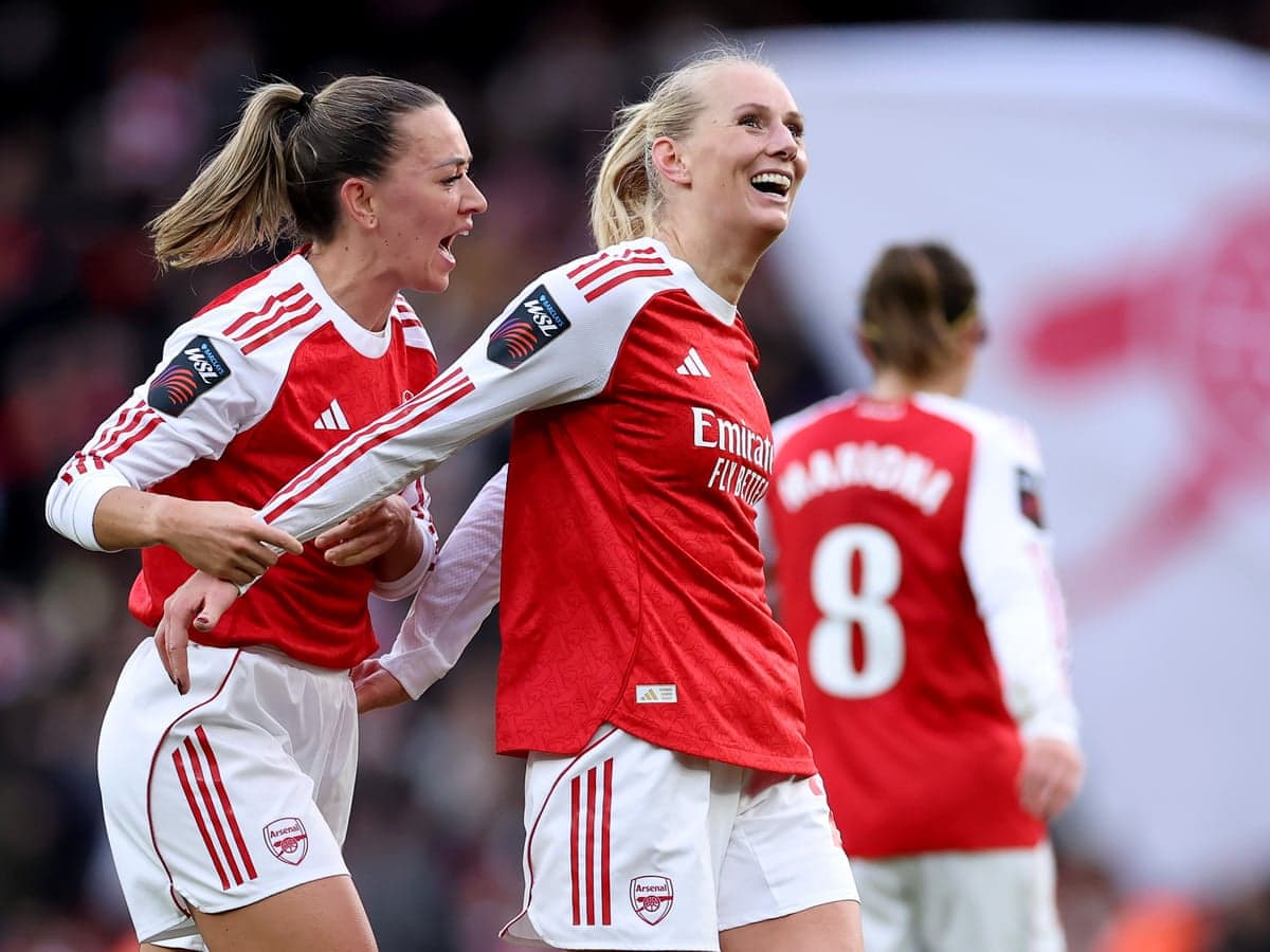 Arsenal players celebrating during FA WSL match Arsenal players celebrating during FA WSL match
