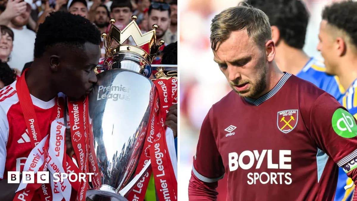 Player celebrating with Premier League trophy; another player disappointed Player celebrating with Premier League trophy; another player disappointed