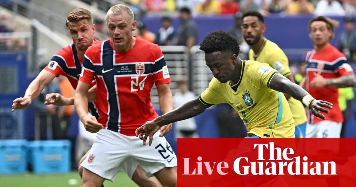 Brazil player dribbling past Norwegian defenders during match Brazil player dribbling past Norwegian defenders during match