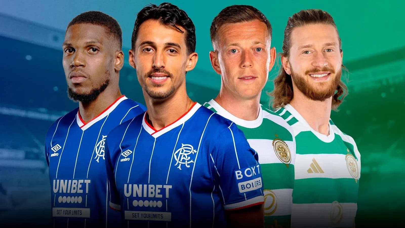 Four football players in team jerseys posing together Four football players in team jerseys posing together