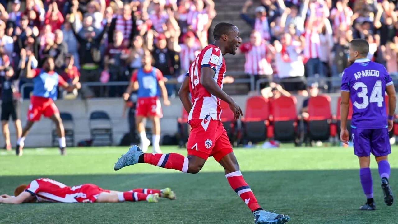 Player celebrating goal during Pacific FC match Player celebrating goal during Pacific FC match