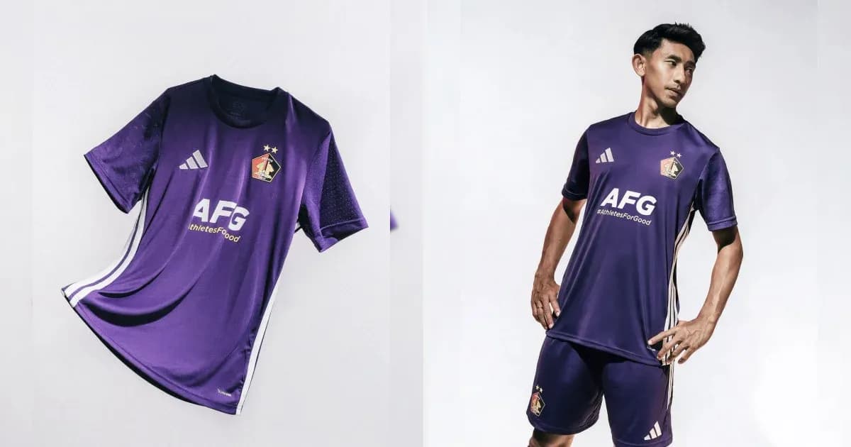 Purple football jersey displayed with player wearing it Purple football jersey displayed with player wearing it