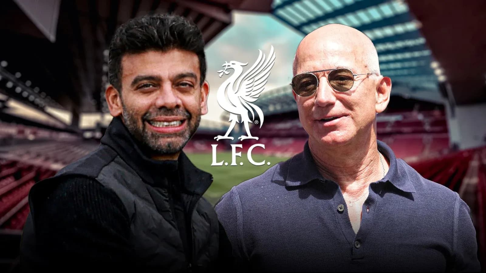 Two men posing in front of Anfield stadium Two men posing in front of Anfield stadium