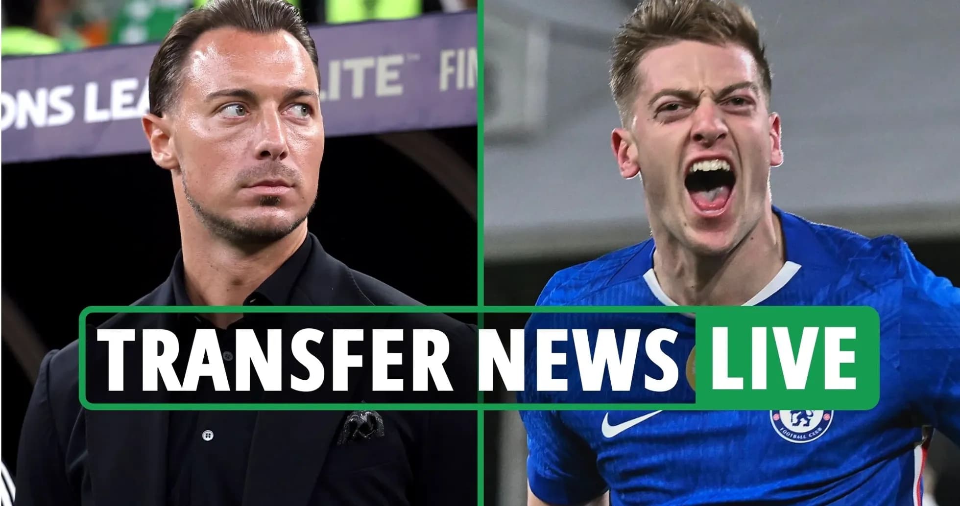 Football manager and player celebrating transfer news Football manager and player celebrating transfer news