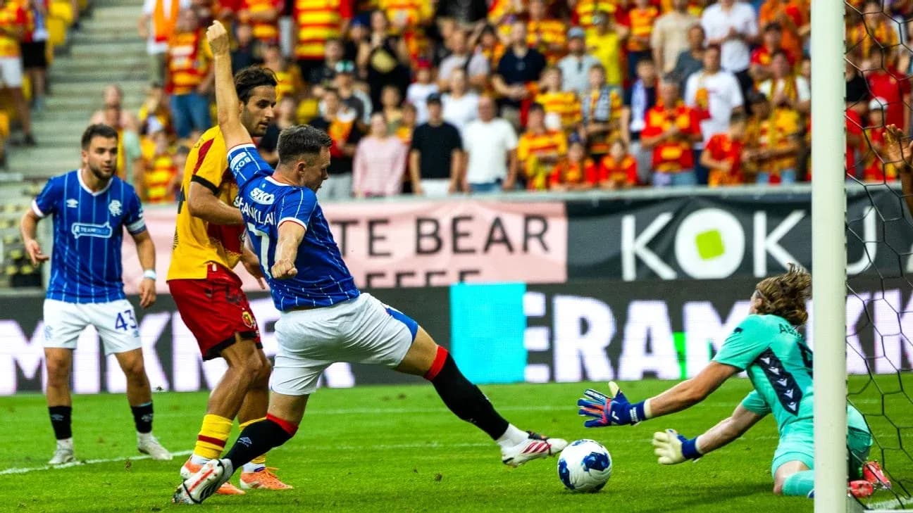 Rangers player attempts to score against Jagiellonia Rangers player attempts to score against Jagiellonia