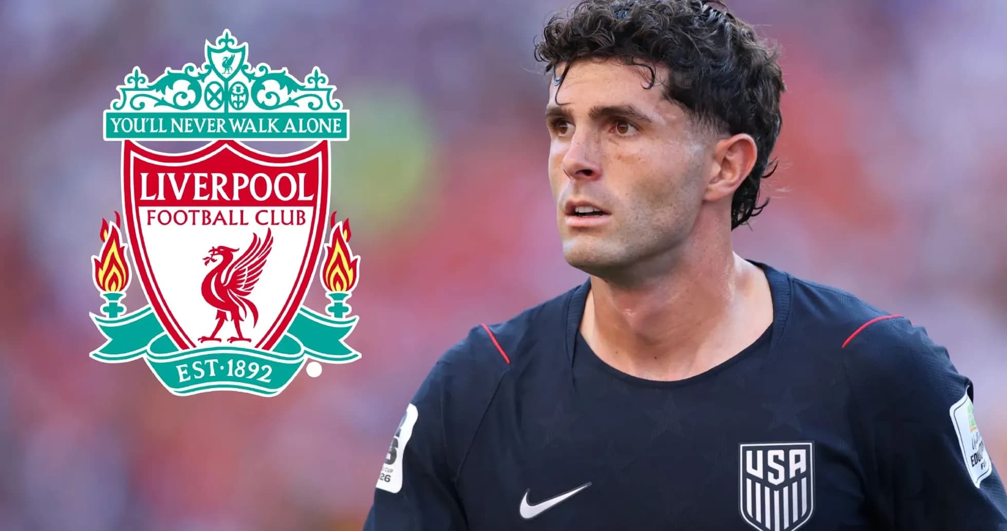 Player wearing USA jersey next to Liverpool logo Player wearing USA jersey next to Liverpool logo