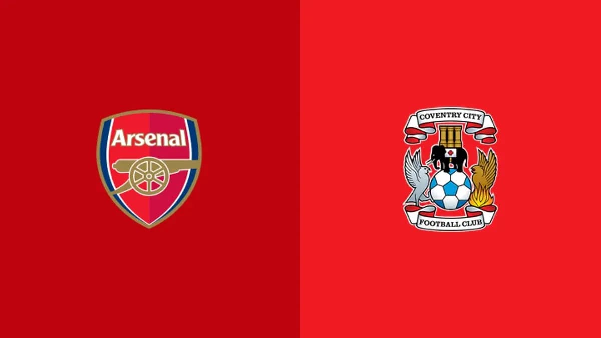 Arsenal and Coventry City club logos on red background Arsenal and Coventry City club logos on red background