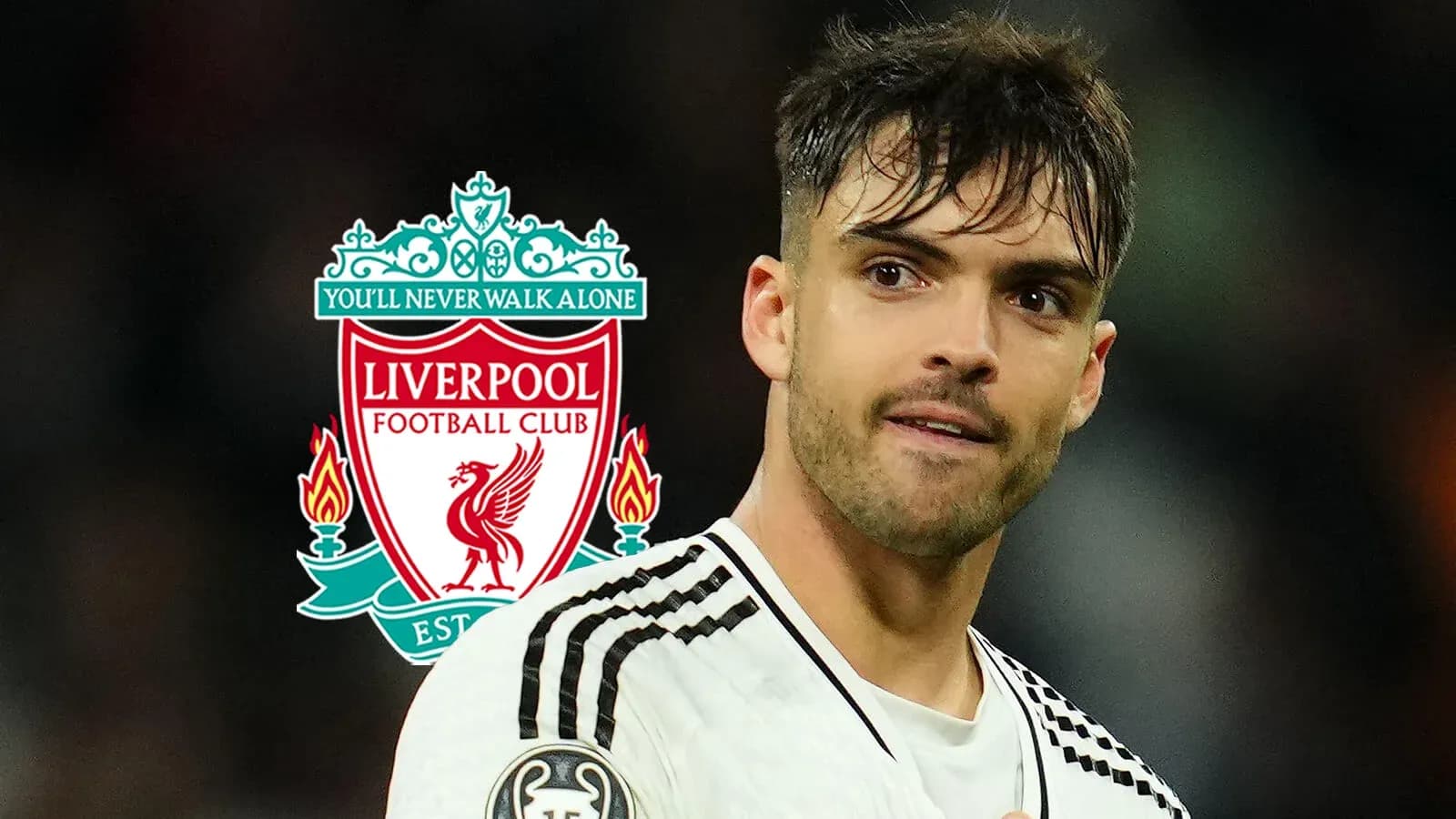 Player in Liverpool kit with club logo background Player in Liverpool kit with club logo background