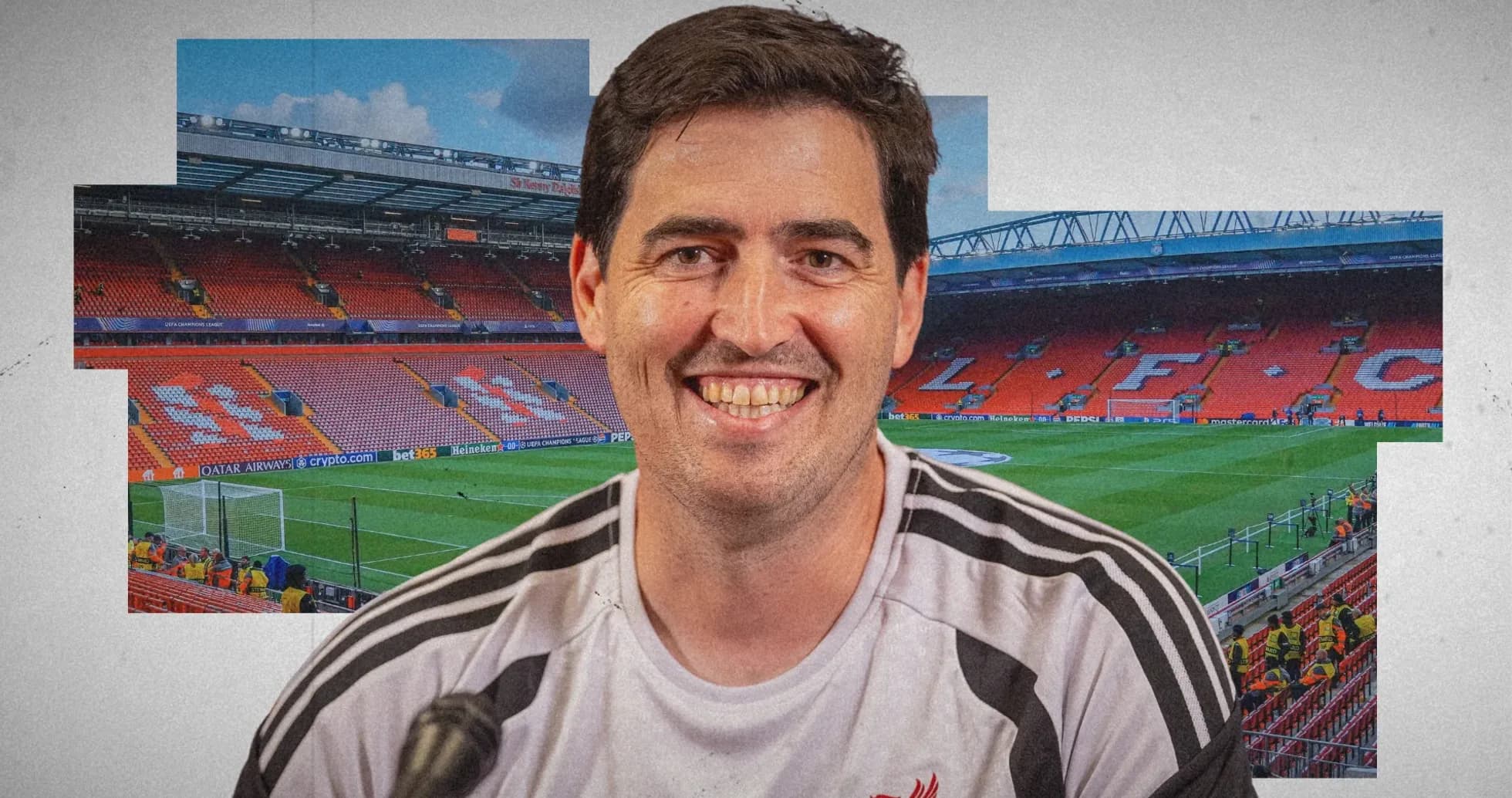 Coach smiling at Anfield stadium before a match Coach smiling at Anfield stadium before a match