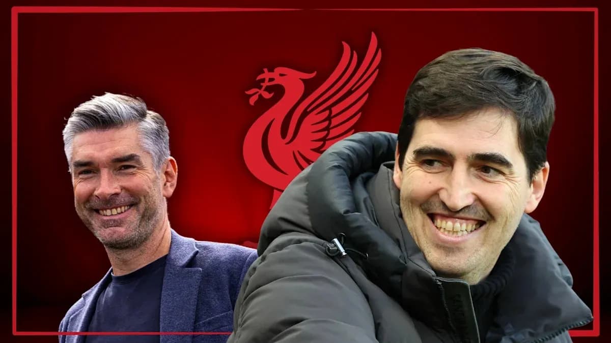 Two football managers smiling with Liverpool logo background Two football managers smiling with Liverpool logo background