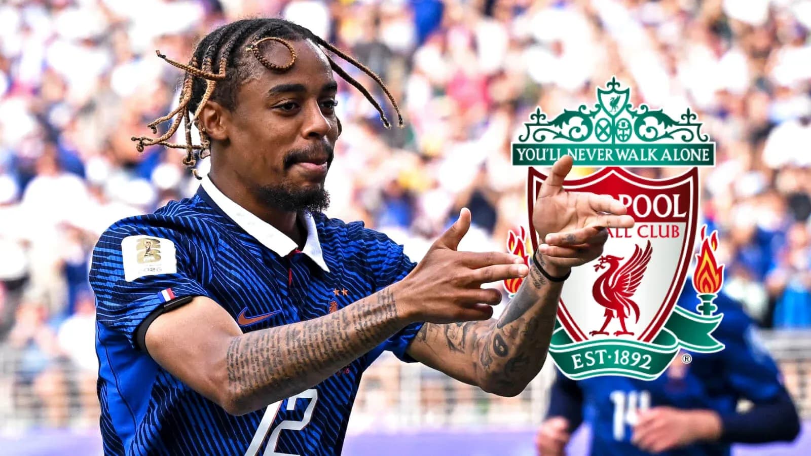 Player celebrating during a match with Liverpool logo Player celebrating during a match with Liverpool logo