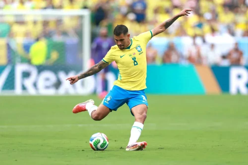 Player kicking the ball during Brazil match Player kicking the ball during Brazil match