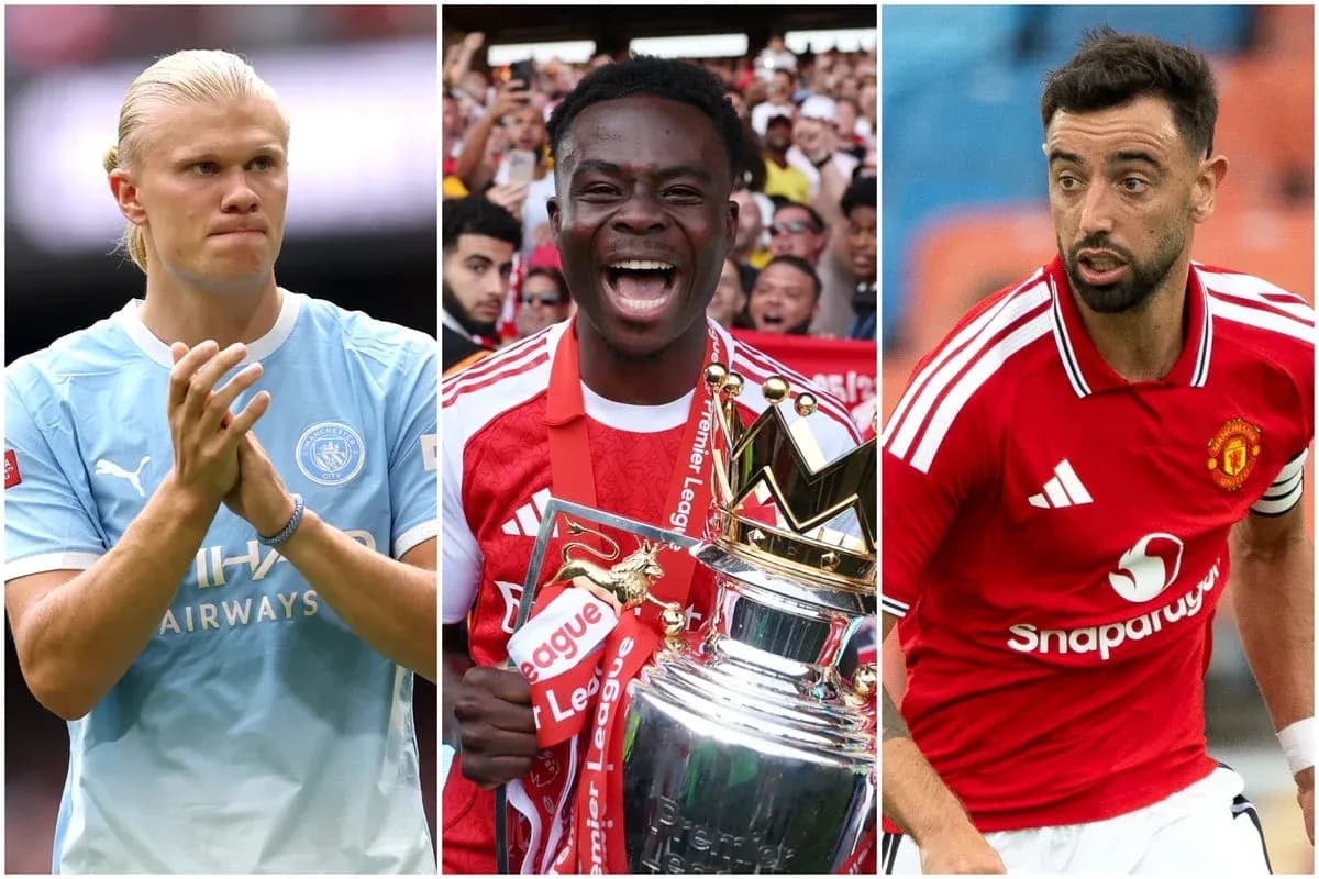 Three football players: Haaland, Saka with trophy, Fernandes Three football players: Haaland, Saka with trophy, Fernandes
