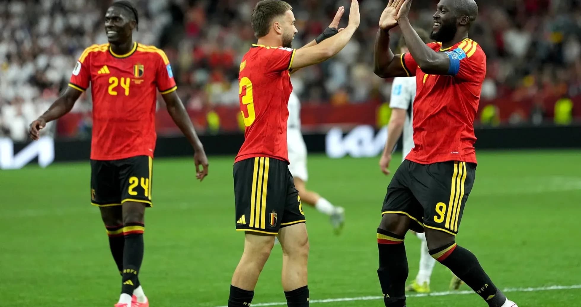 Belgium players celebrating a goal during match Belgium players celebrating a goal during match