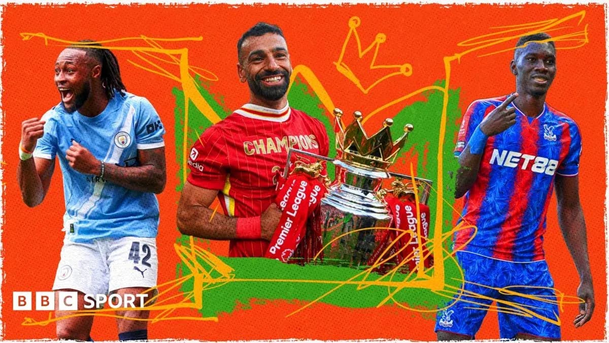 Three football players with Premier League trophy illustration Three football players with Premier League trophy illustration