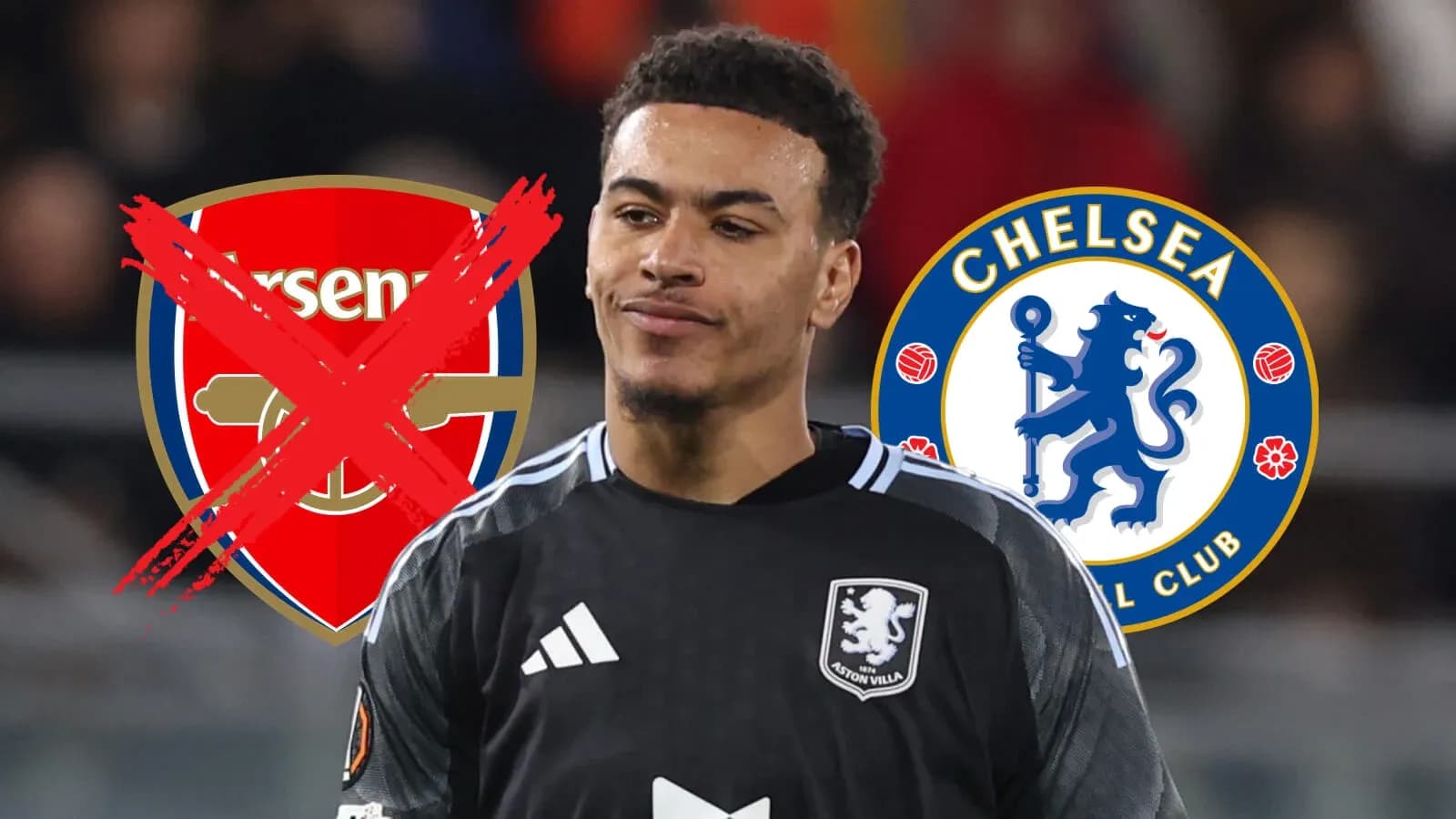 Goalkeeper with Arsenal and Chelsea logos behind him Goalkeeper with Arsenal and Chelsea logos behind him