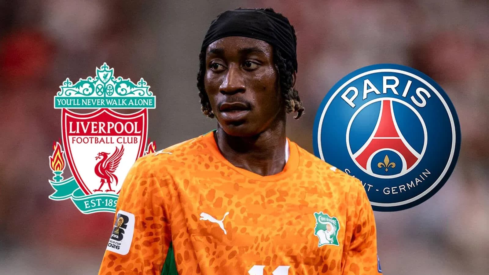 Player in orange jersey with Liverpool and PSG logos Player in orange jersey with Liverpool and PSG logos