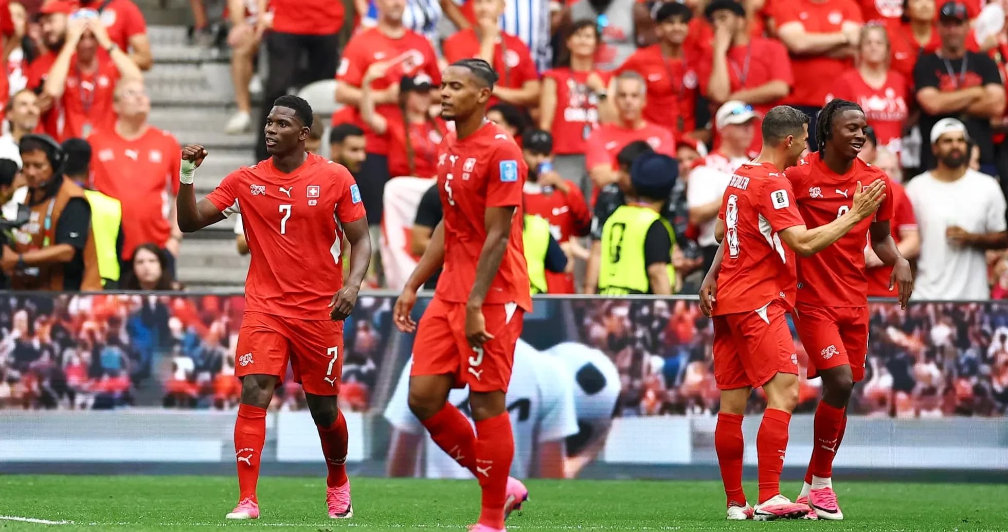 Switzerland players celebrating a goal during match Switzerland players celebrating a goal during match